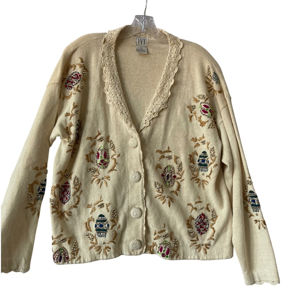 Vintage IVY Hong Kong Beaded‎ Cardigan Sweater M Lace Collar Ramie Cotton Floral